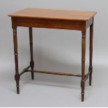 19TH CENTURY MAHOGANY SIDE TABLE, the rectangular top on turned legs and stretcher, height 74cm,