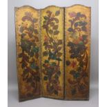 EMBOSSED AND PAINTED LEATHER THREE FOLD SCREEN, 19th century, scenes of parrots amongst fruiting and