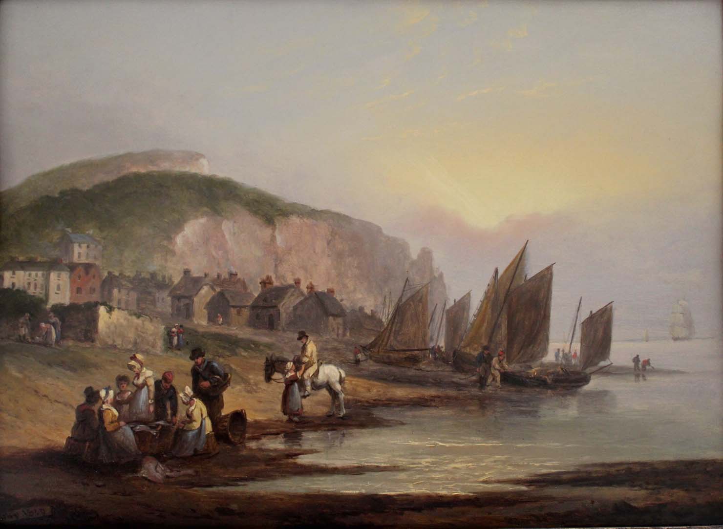 THOMAS LUNY (1759-1837) FISHERFOLK ON A SHORE AT TWILIGHT Signed and dated 1829,oil on panel 28.5