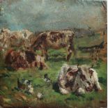 WILLIAM MARK FISHER, RA (1843-1923) COWS AND POULTRY IN A FIELD Oil on paper, laid on canvas,