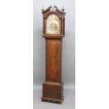 OAK LONGCASE CLOCK, the brass dial with 11 1/2" silvered chapter ring inscribed Wm Holloway, London,