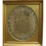 SAMPLER NEEDLEWORK MAP, 19th century, of oval form, titled 'Map of England & Wales' and showing