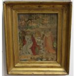 WOOLWORK PICTURE, early 19th century, depicting water carriers beside a well, in a gilt frame,