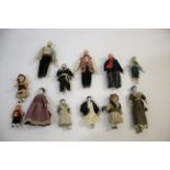 ANTIQUE MINIATURE DOLLS HOUSE DOLLS including 5 similar china head dolls with painted black hair,