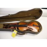 ANTIQUE VIOLIN a 3/4 length violin (56cms long) with a 2 piece satinwood back, bears a label