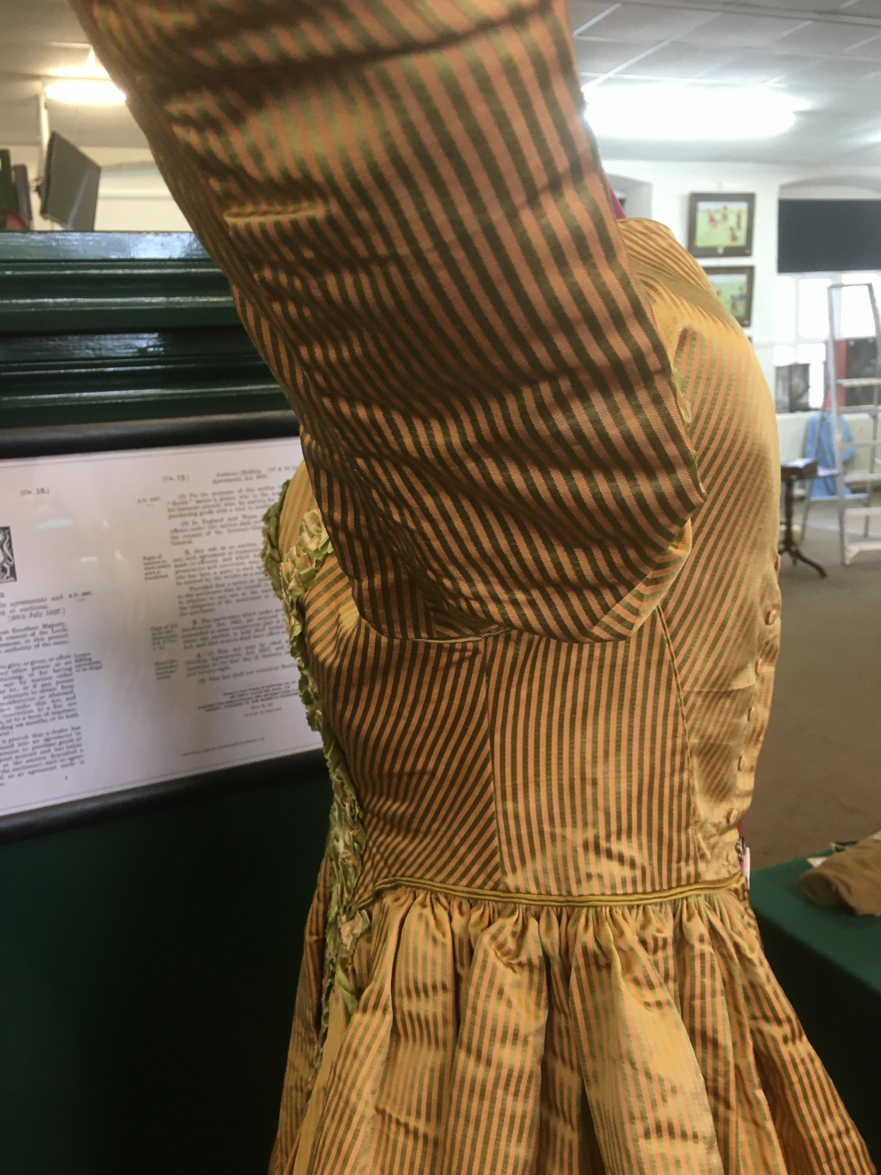 19THC SILK LADIES DRESS a mid 19thc apricot and olive green striped silk dress, decorated with - Image 7 of 9