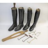 RIDING BOOTS & ACCESSORIES including two pairs of black leather riding boots each with wooden trees,