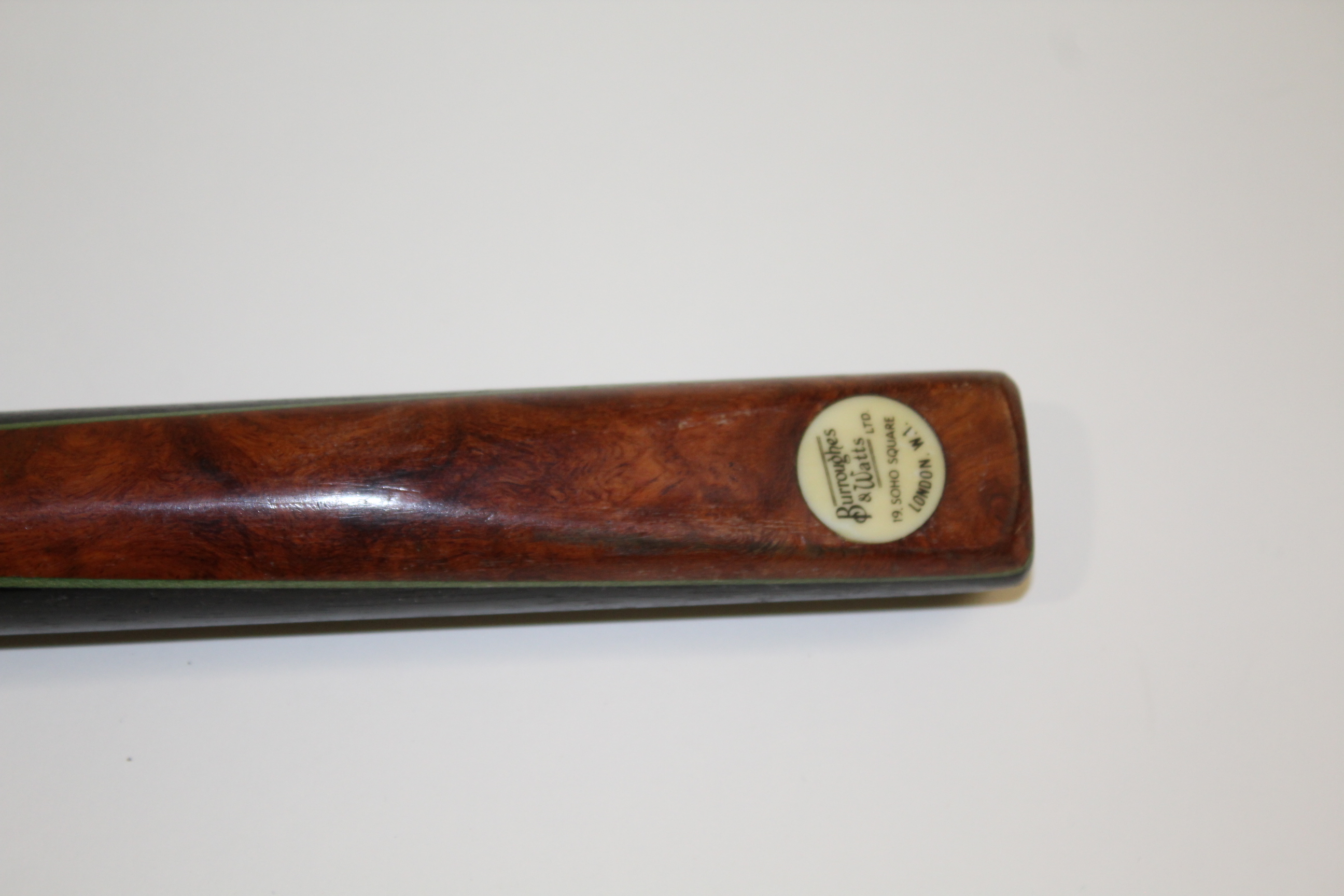 VINTAGE SNOOKER CUE - BURROUGHES & WATTS with a pear wood or maple shaft, with a burr wood, ebony