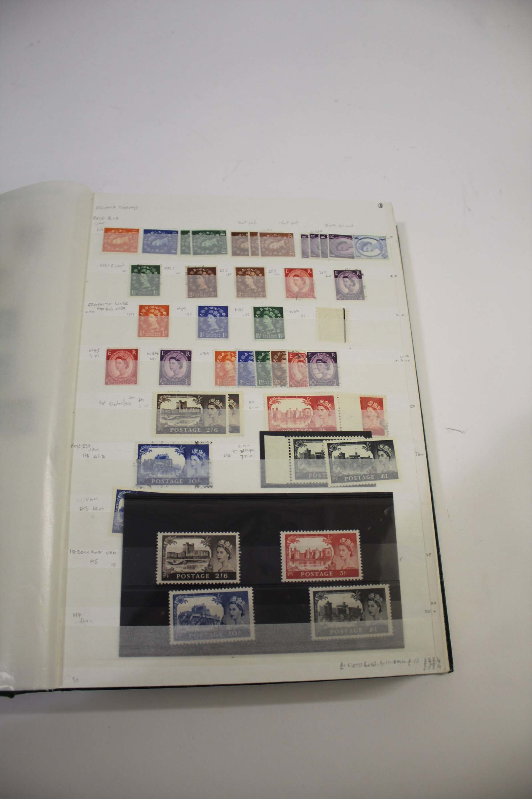 GREAT BRITAIN STAMPS a green stock book with Great Britain from 1952 Wildings U/M and used,
