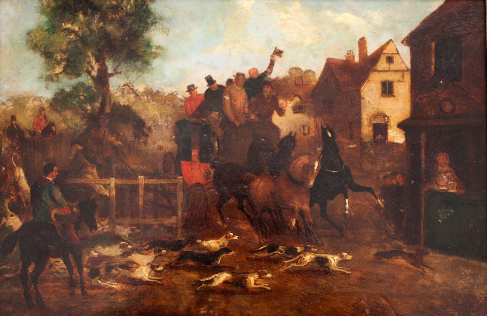 CIRCLE OF SAMUEL HENRY ALKEN THE MAIL COACH MEETS THE HUNT Oil on panel 34 x 51.5cm.