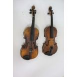 ANTIQUE VIOLINS including a violin with a 2 piece satinwood back, bears a label inside Christian