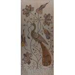 LARGE INDIAN FRAMED EMBROIDERED PANEL a Zardozi embroidered panel with depictions of a Peacock,