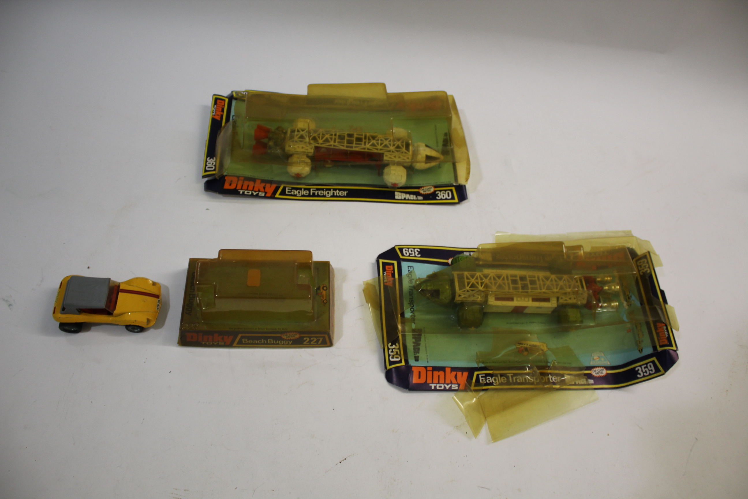 THREE DINKY TOYS, 359 Space 1999 Eagle Transporter, 360 Space 1999 Eagle Freighter, 227 Beach Buggy,