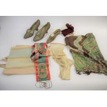 VINTAGE SHOES & CLOTHING including a 18thc silk shoe, a fine silk patterned shawl, a red and green