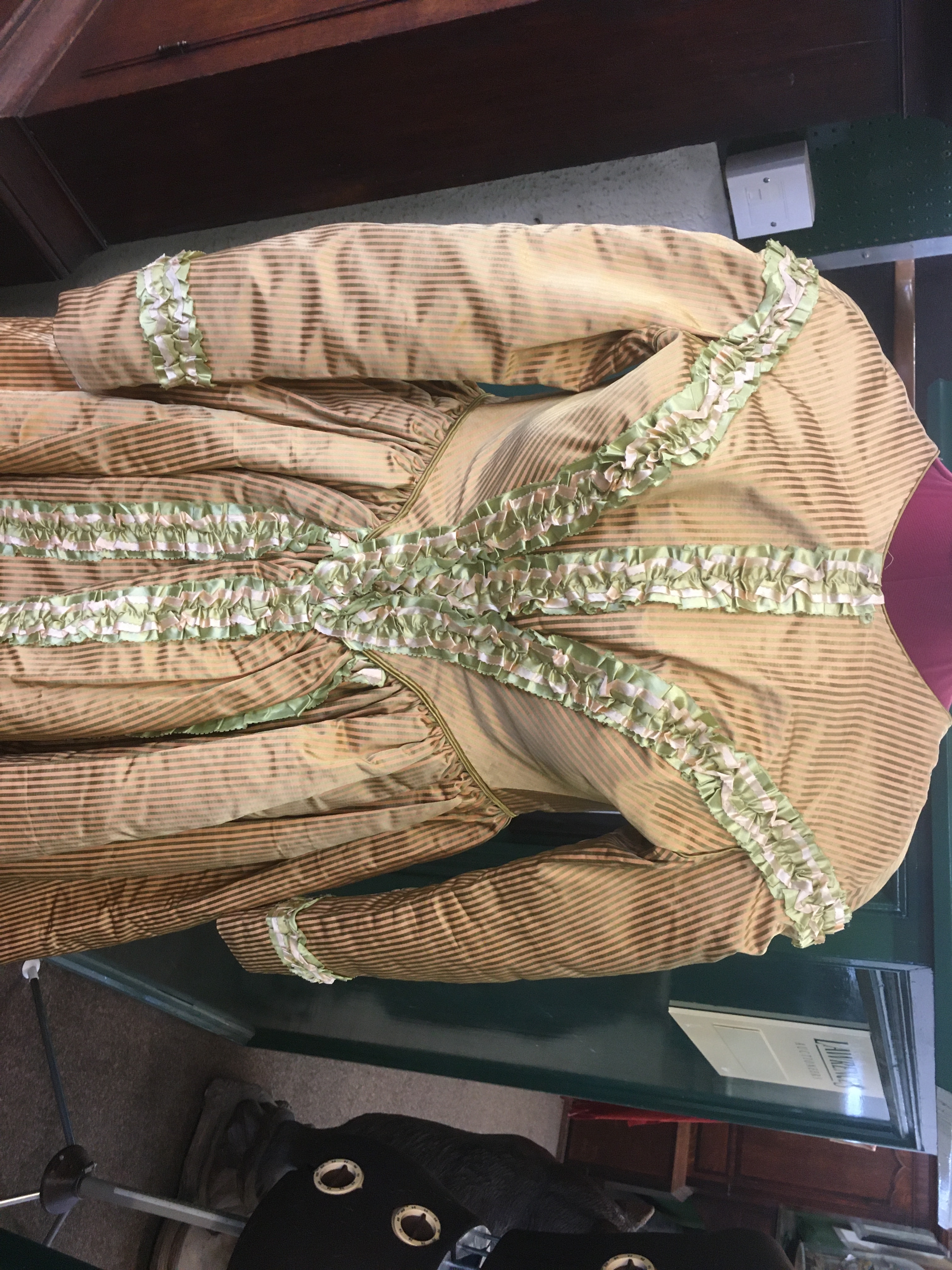 19THC SILK LADIES DRESS a mid 19thc apricot and olive green striped silk dress, decorated with - Image 2 of 9