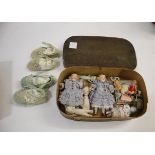 MINIATURE DOLLS & SHOES various miniature dolls including a pair of bisque dolls with identical