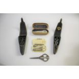 SEWING RELATED ITEMS including an ivory cased etui, containing scissors, needlecase and bodkin (