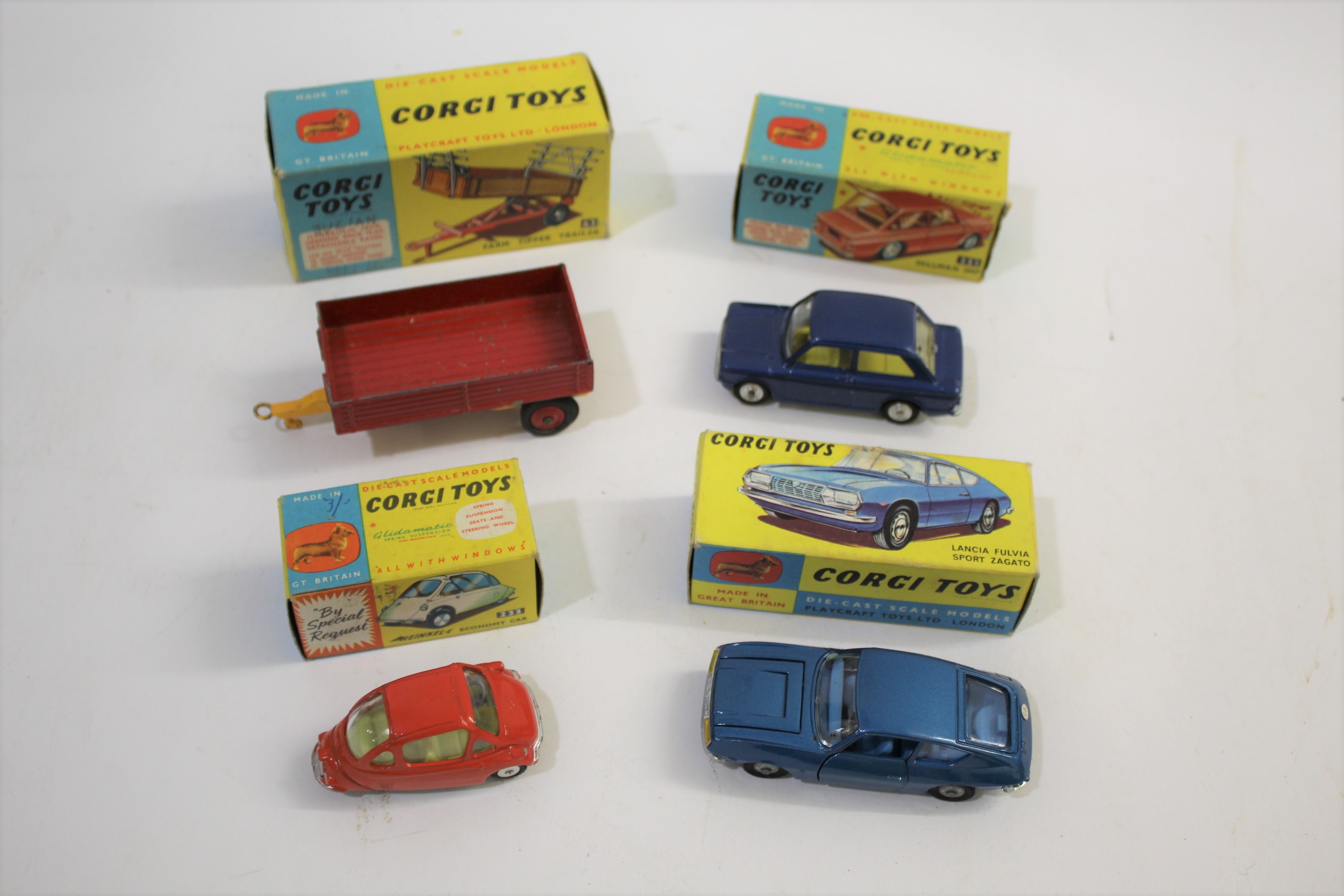 CORGI TOYS boxed models including 233 Heinkel Trojan (orange body and lemon interior), 332 Lancia