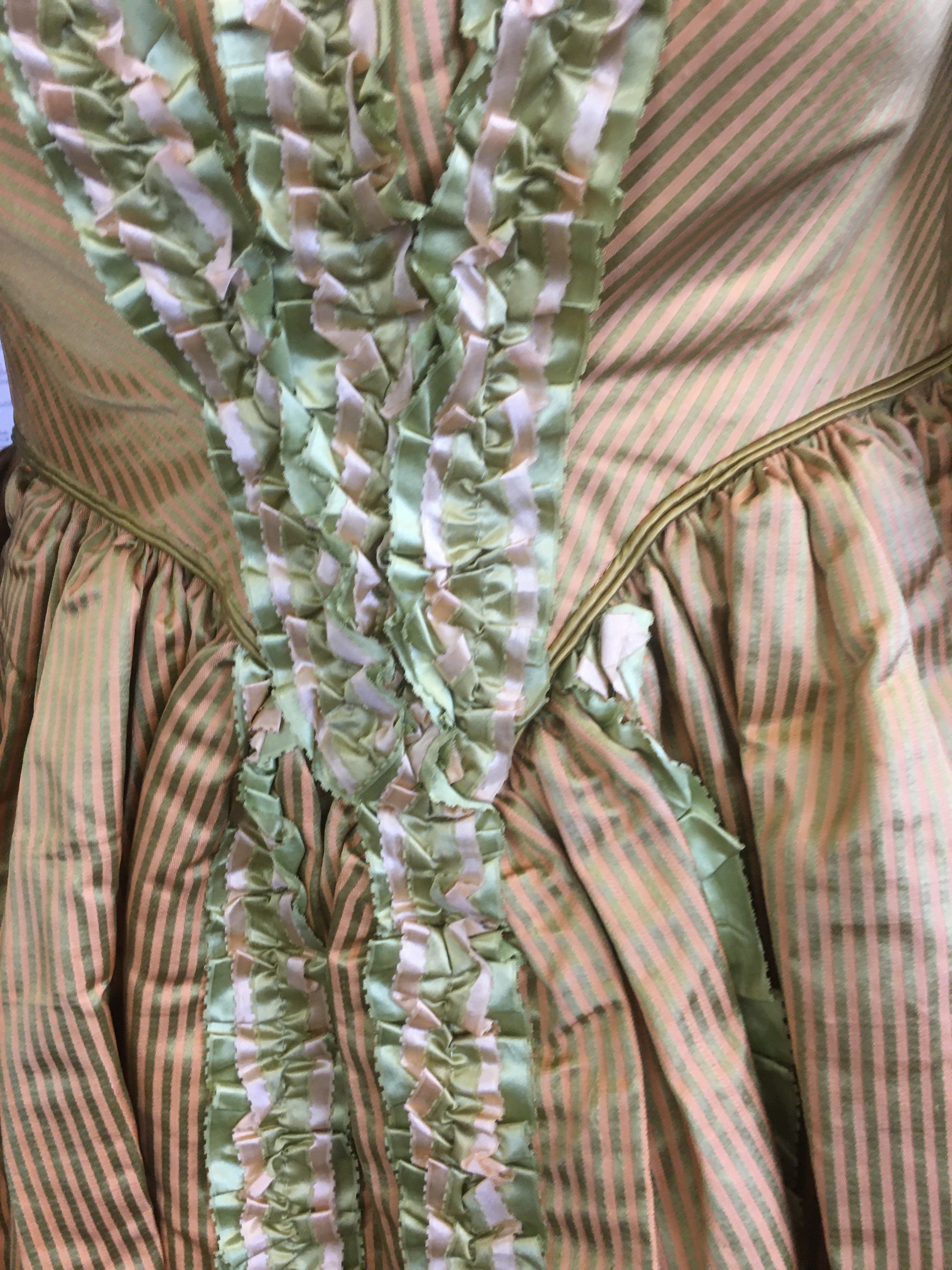 19THC SILK LADIES DRESS a mid 19thc apricot and olive green striped silk dress, decorated with - Image 8 of 9