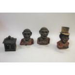 VINTAGE MONEY BOXES including 3 Jolly Nigger cast iron money boxes, one with a Top Hat (2 marked