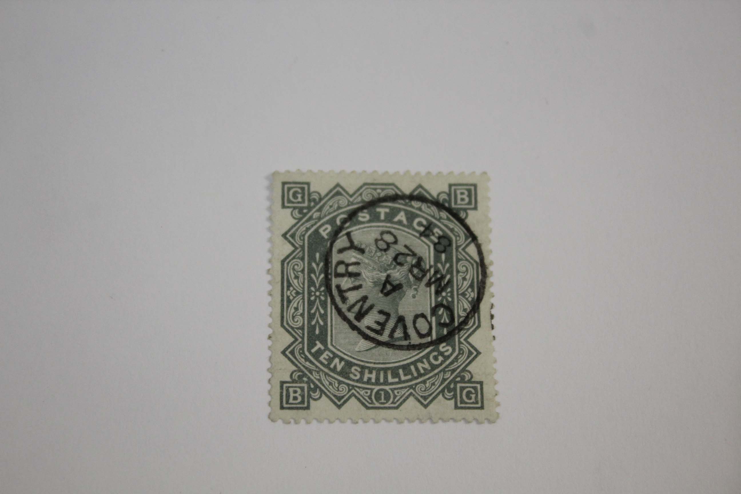 1883 TEN SHILLING STAMP a 1883 10 shilling grey green watermark Anchor fine used, small Coventry