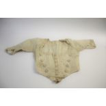 18THC BODICE a 18thc hand decorated cream cotton bodice, also with a short sleeved cream silk bodice