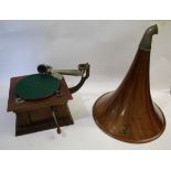 HORN GRAMOPHONE by The Gramophone Company Ltd, with a mahogany base and HMV stylus, with a plaque on