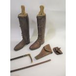 PAIR OF LEATHER RIDING BOOTS a pair of leather boots with wooden trees, also with a silver mounted