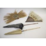 VINTAGE FANS & PARASOLS including a tribal brushwood fan with hand painted decoration, a ostrich