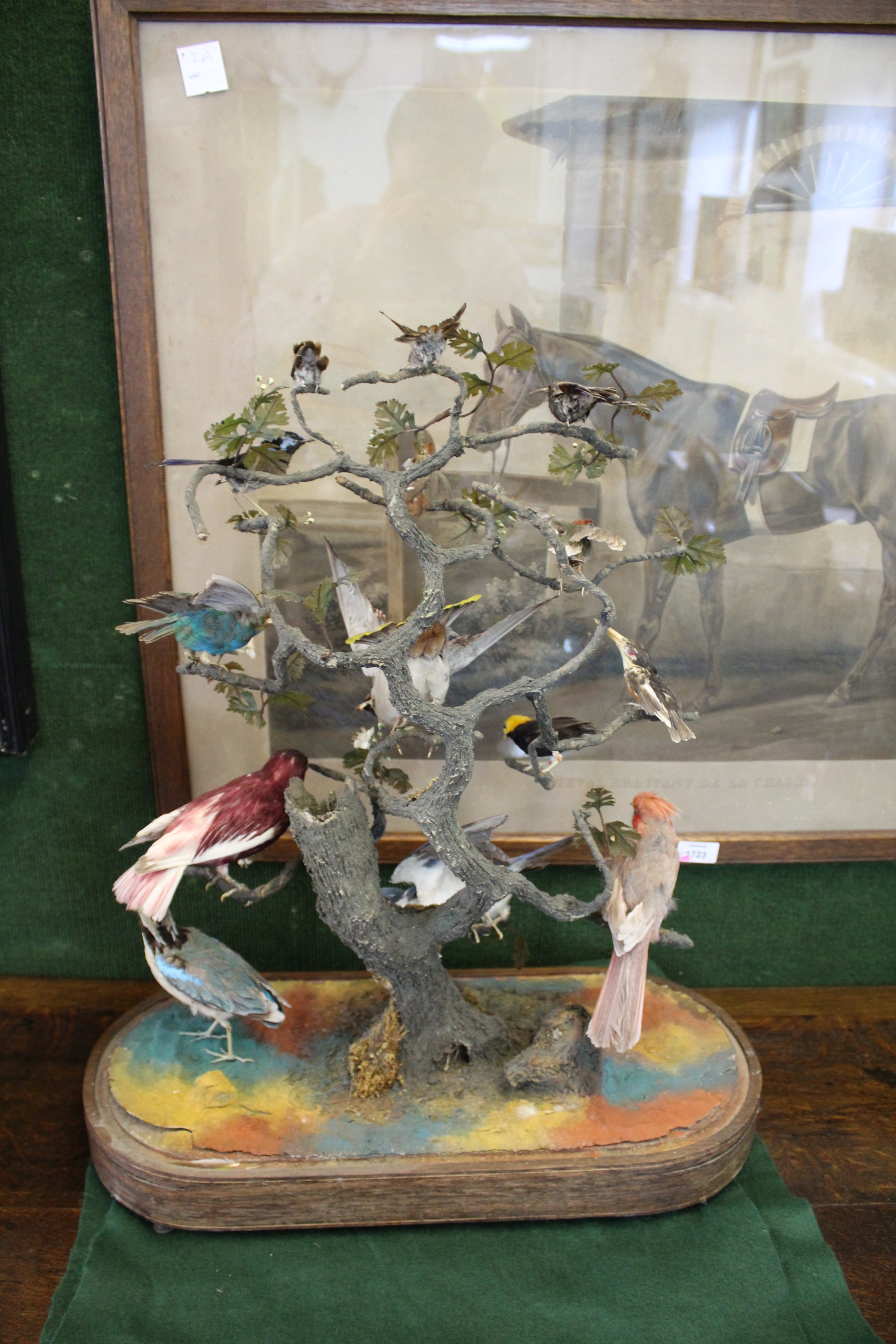 BIRD DIORAMA - GLASS DOME a diorama of various exotic birds mounted on a simulated tree branch. With - Image 8 of 15