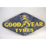 GOODYEAR TYRES ENAMEL SIGN a lozenge shaped enamel sign with yellow lettering on a blue ground,