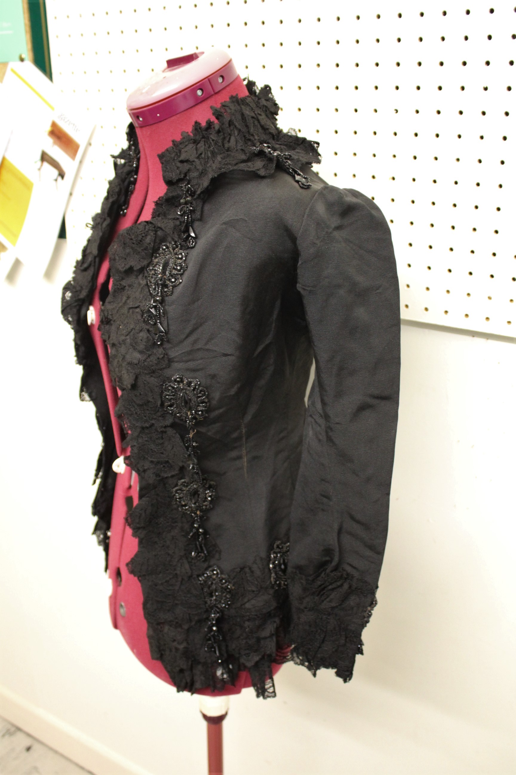 19THC JACKET a black grosgrain jacket embellished with lace and bead embroidered motifs, by Cole - Image 3 of 5