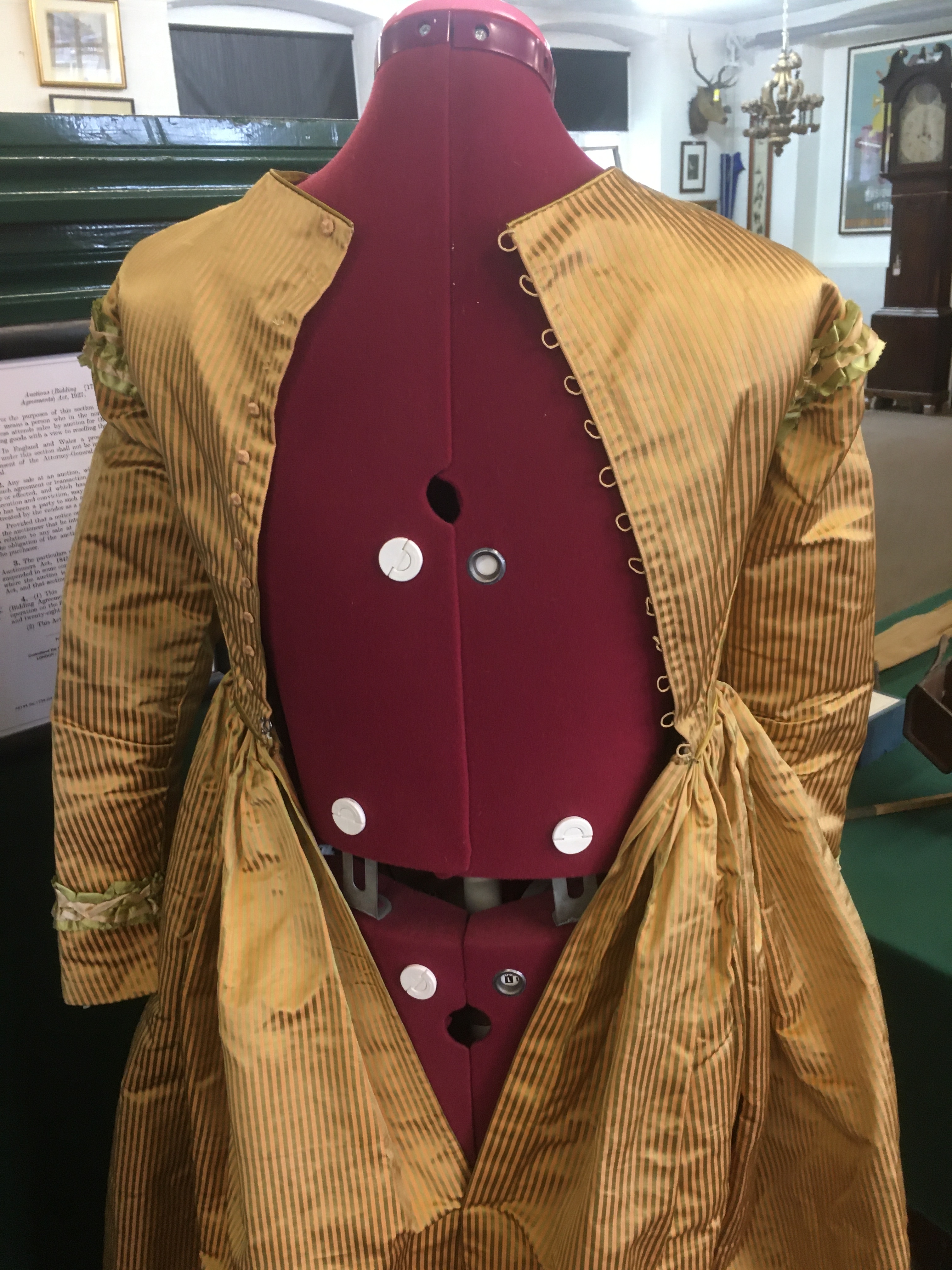 19THC SILK LADIES DRESS a mid 19thc apricot and olive green striped silk dress, decorated with - Image 4 of 9