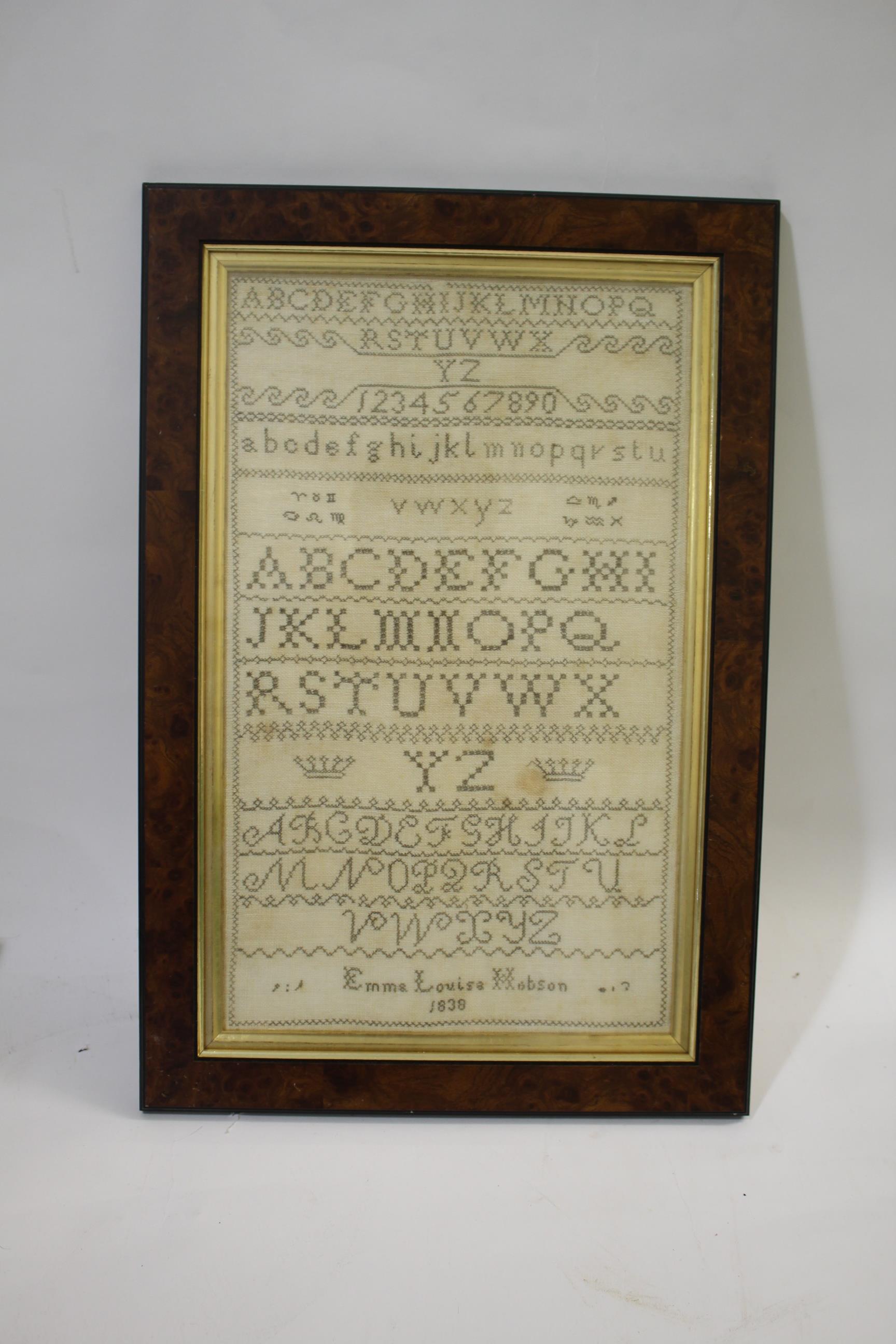 TWO 19THC SAMPLERS including an embroidered sampler with various letters and numbers in rows, marked