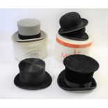 A BLACK TOP HAT BY HENRY HEATH & TWO BLACK BOWLERS including a Thomas Townend & Co Grey Top Hat