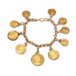14KT Charm Bracelet with Elizabeth II Isle of Man Cat-Theme Gold Coins