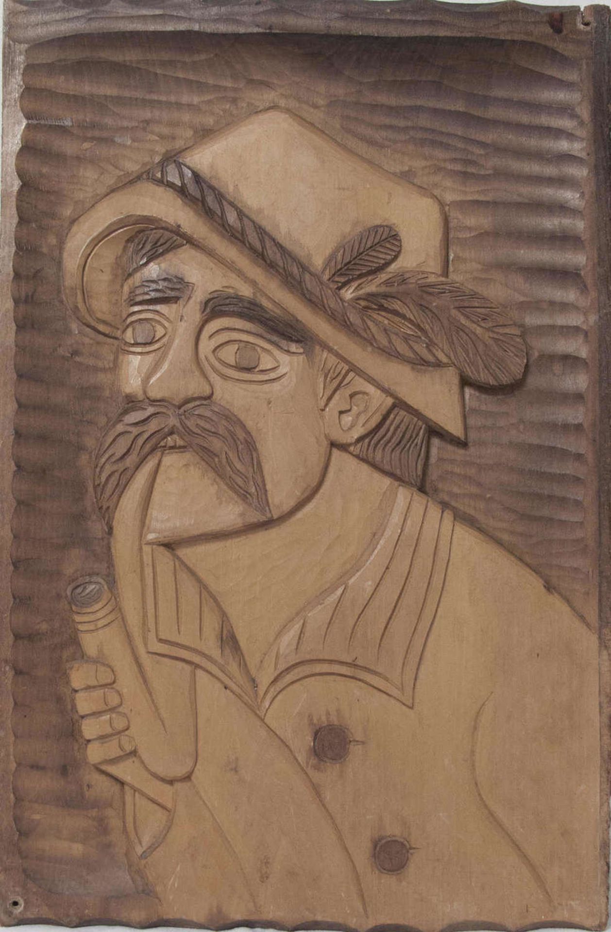 Holzrelief "Pfeiffenraucher". Plastisch geschnitzt. Maße: ca. 58 cm x ca. 37 cm.Wood relief "pipe