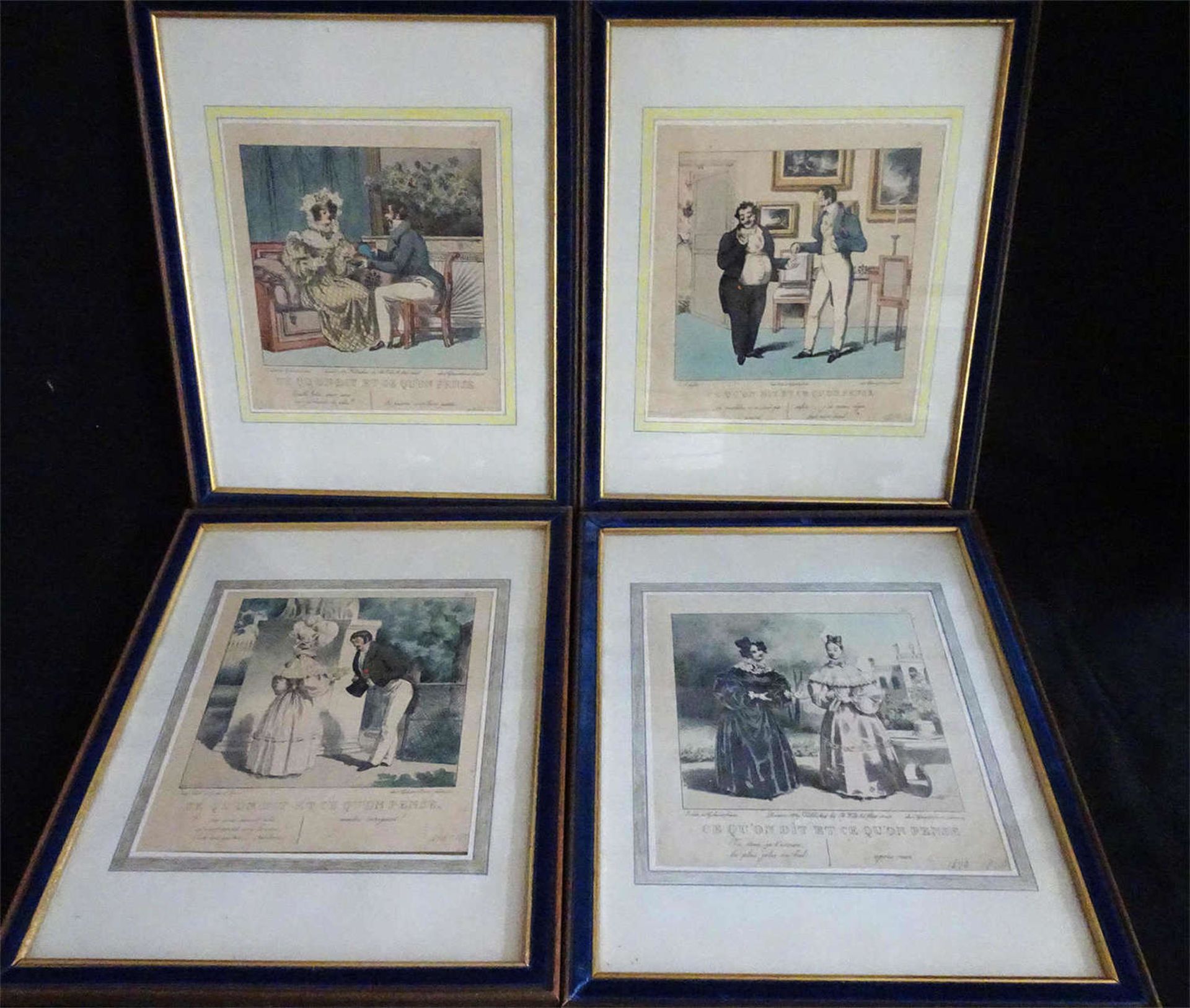 4 Zeichnungen, "Ce qu'ondit et ce qu'on Pense", 1840-1850, 4 verschiedene Motive. Alle hinter Glas