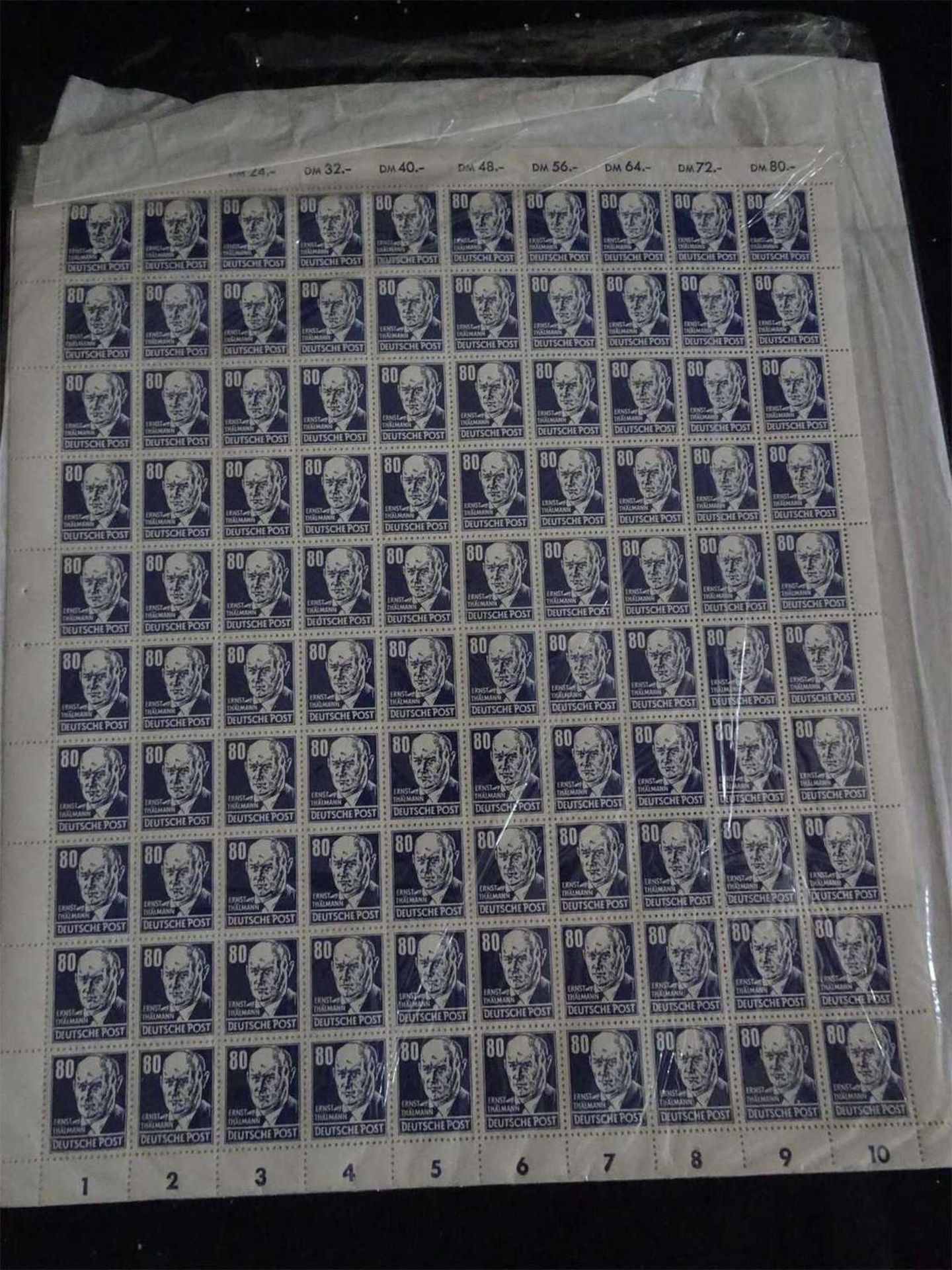 DDR, 1952, Freimarken Köpfe II, 80 Pf Thälmann 4 ungefaltete Originalbögen mit je 2 mal