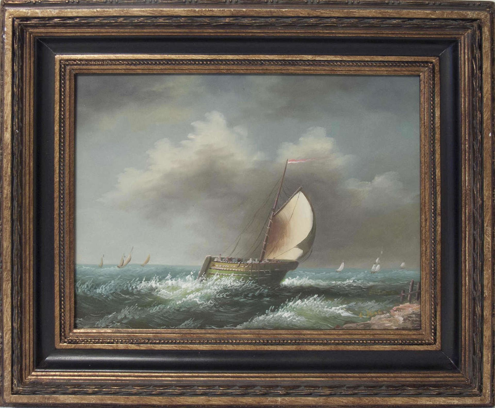 Ölgemälde "Segelschiff vorm Wind". Öl auf Leinwand. Rechts unten signiert. Gerahmt. Maße: ca. 56,5