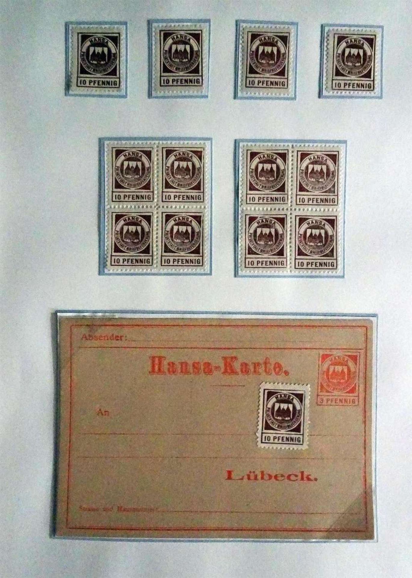 Stadtpost Lübeck Hansa, ungebrauchte Marken, aufgeklebt mit Post-Hansa Karte.City Post Lübeck Hansa,