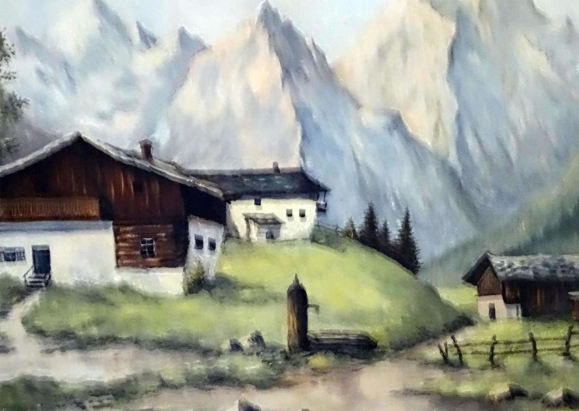 Hannich-Müller "Gehöfte vor Bergkulisse", Ölgemälde auf Spannplatte, rechts Signatur. Maße: Höhe ca. - Bild 2 aus 3