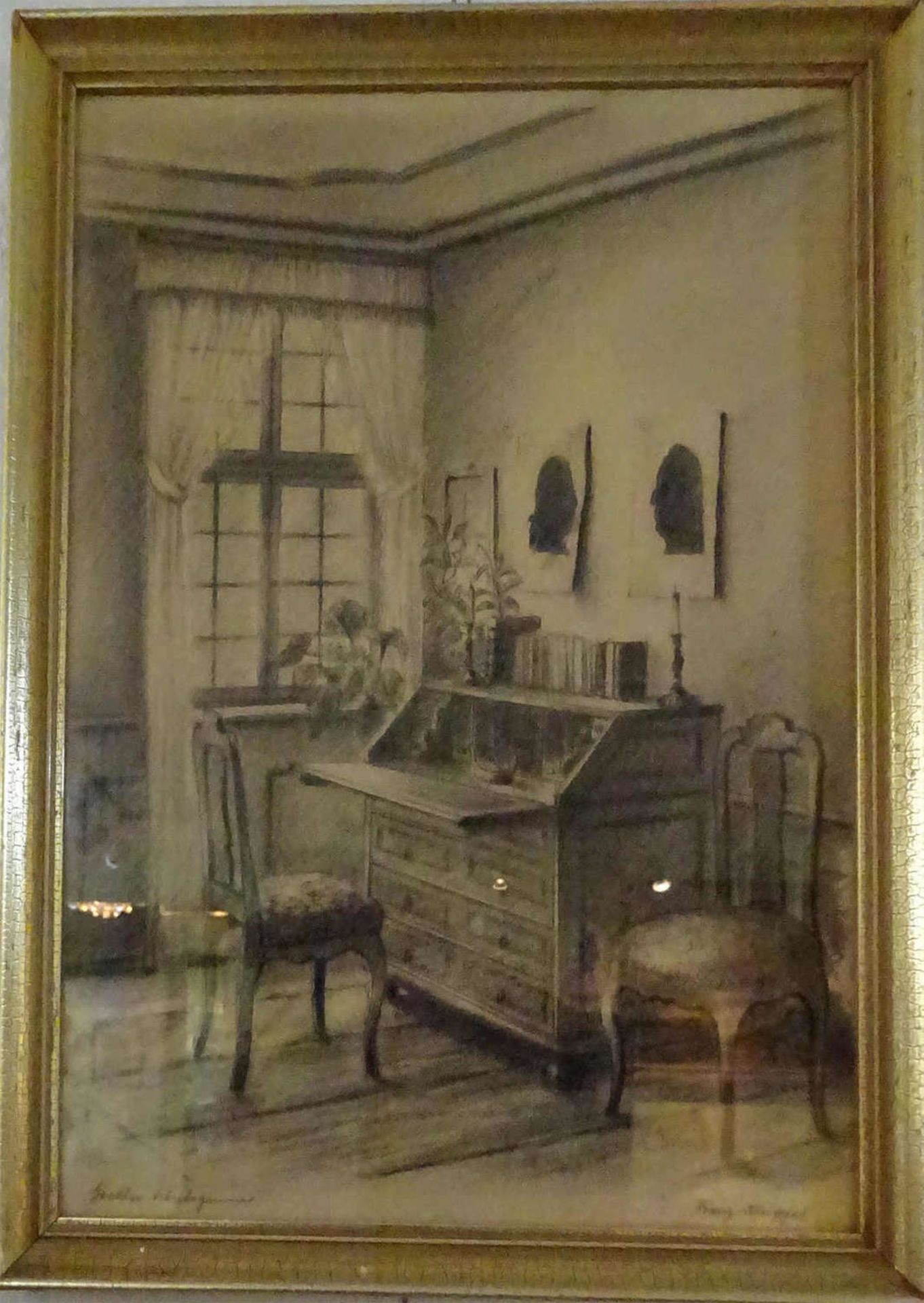 Franz Klüpfel, " Goethes Arbeitszimmer ", Kohlezeichnung ca 33 x 43 cm.Franz Klüpfel, "Goethe's