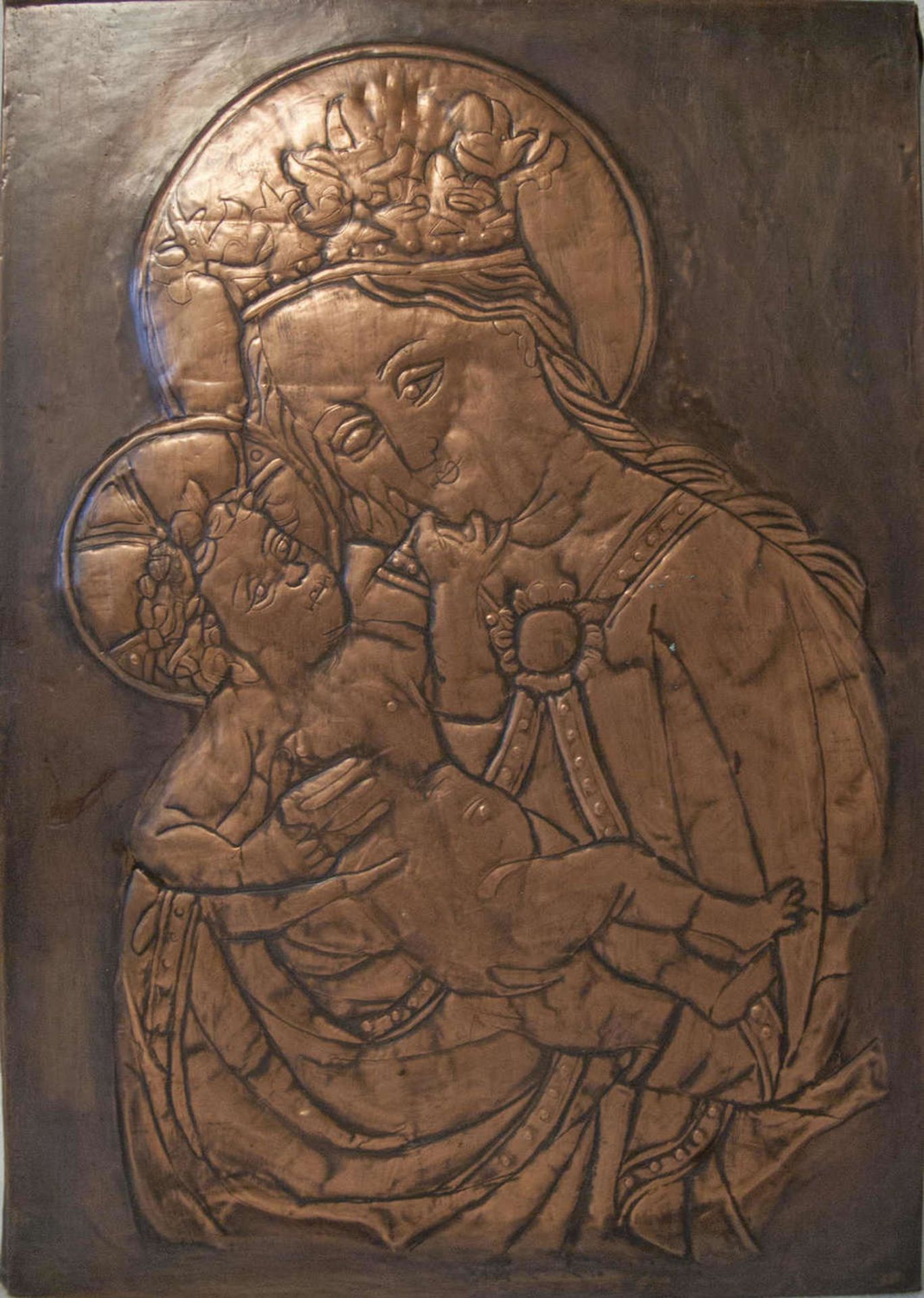 Kupfer - Bild "Maria mit Jesuskind". H: ca. 38,5 cm, B: ca. 27 cm.Copper - picture "Mary with baby