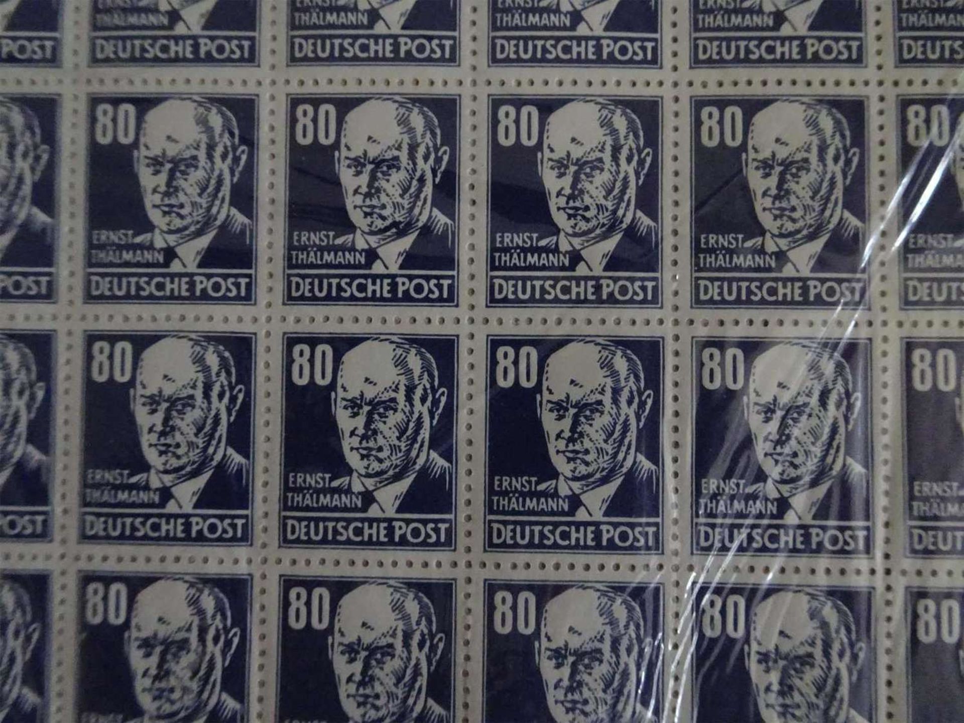 DDR, 1952, Freimarken Köpfe II, 80 Pf Thälmann 4 ungefaltete Originalbögen mit je 2 mal - Bild 2 aus 2