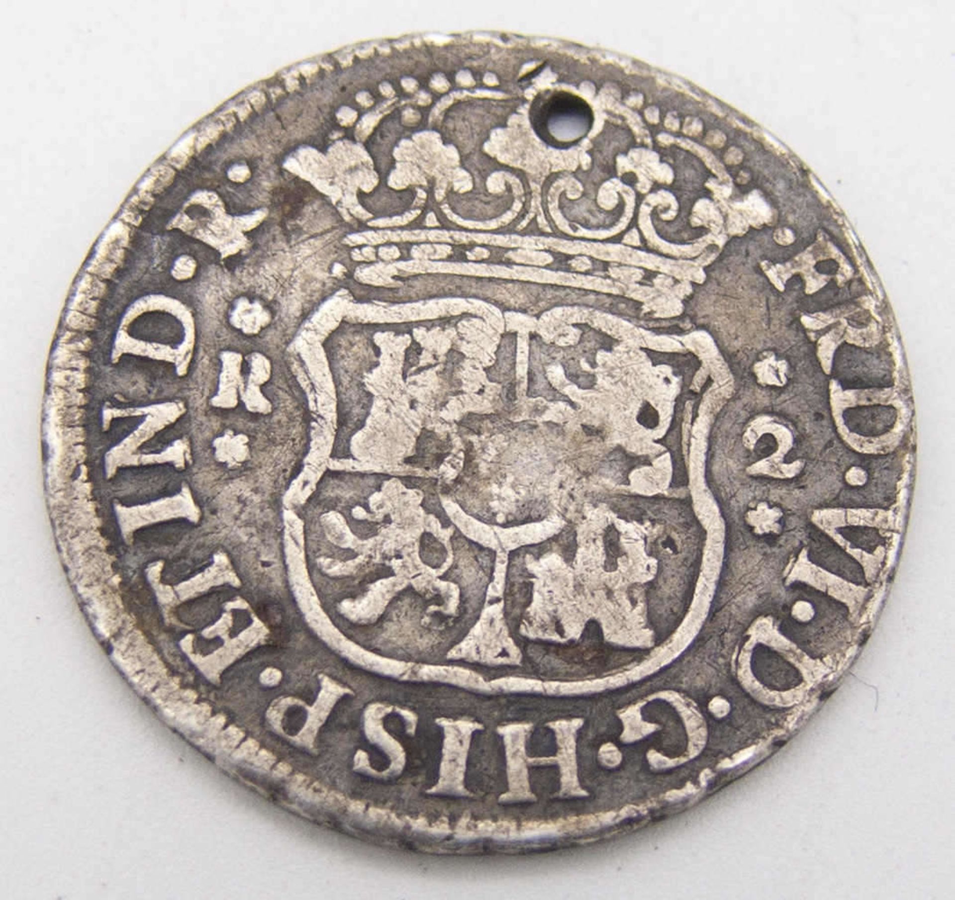 Spanien 1750, 2 Real - Silbermünze. Gelocht. Erhaltung: ss.Spain 1750, 2 Real - silver coin.