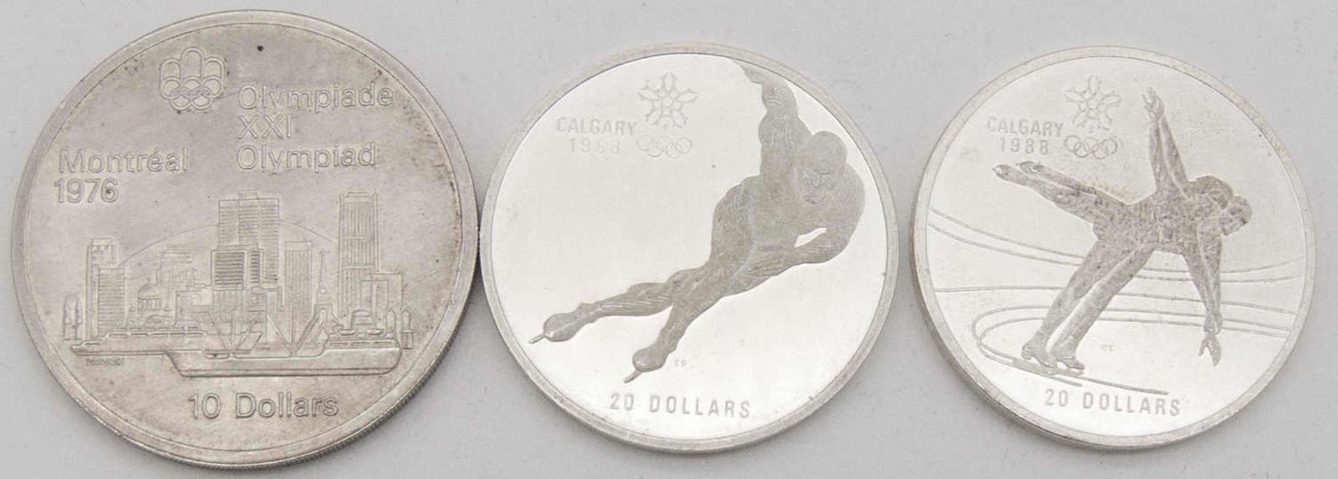 Kanada 1976/88, 1 x 10 Dollars - Silbermünze 1976 "Stadtansicht" und 2 x 20 Dollars - Silbermünzen