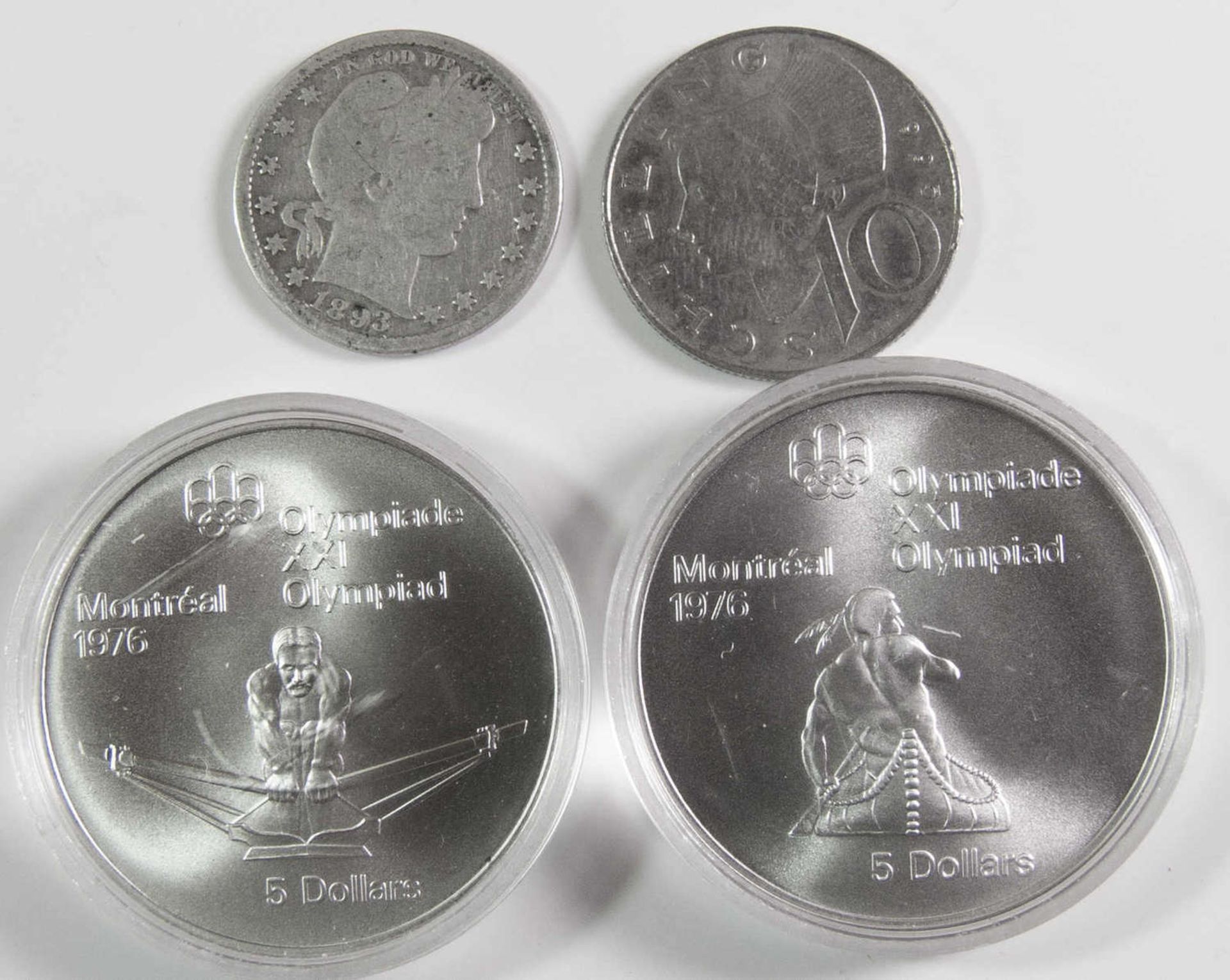 Kanada 1976 2 x 5 Dollar - Silbermünzen, in Kapsel. Dazu USA 1893 Quarter Dollar Barber (seltener