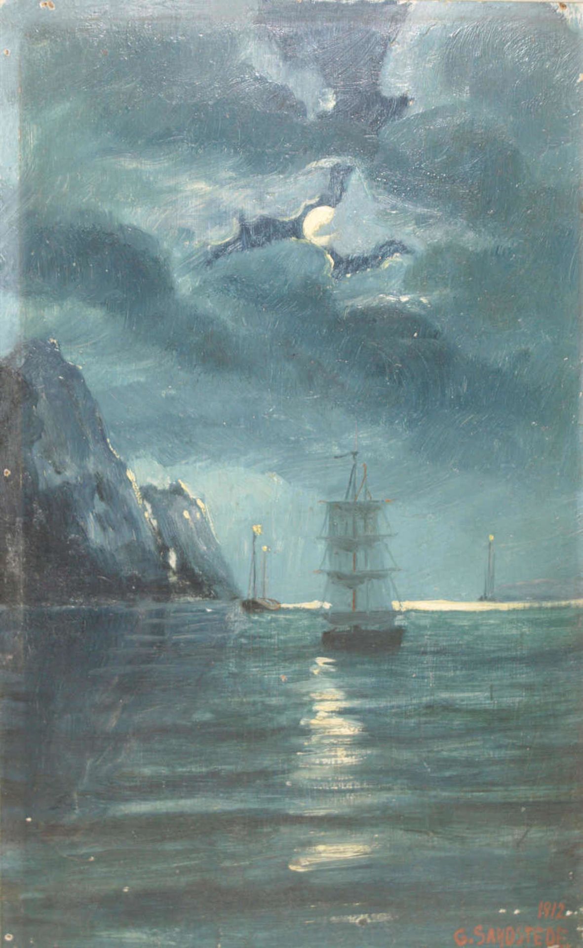 Ölgemälde auf Malkarton von G. Sandstäde, "Segelschiff an der Küste bei Vollmondnacht", rechts unten - Bild 2 aus 3