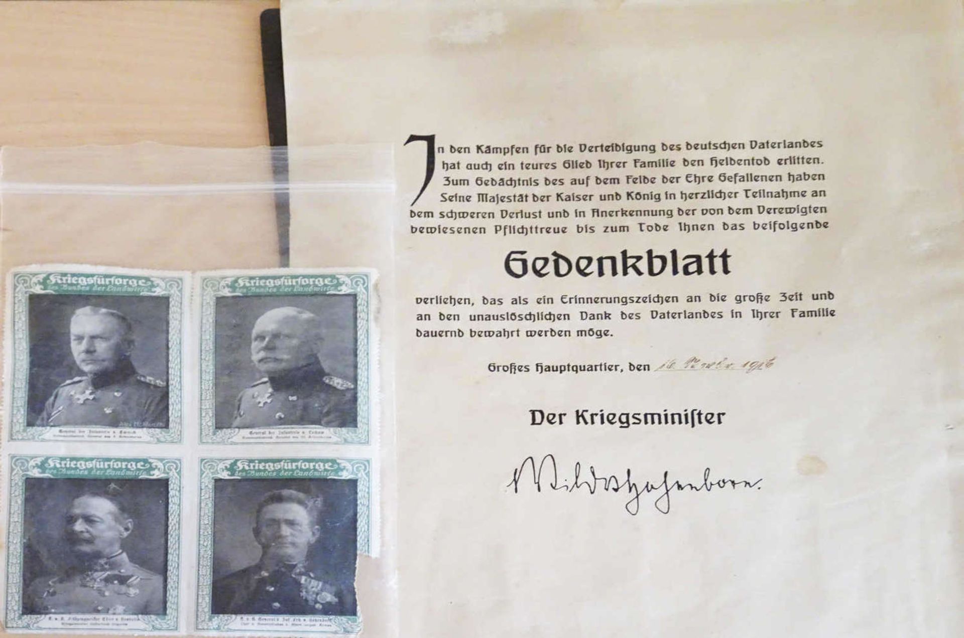 1 Gedenkblatt 1. Weltkrieg, Verleihung des Erinnerungszeichens1 commemorative sheet 1st World War,
